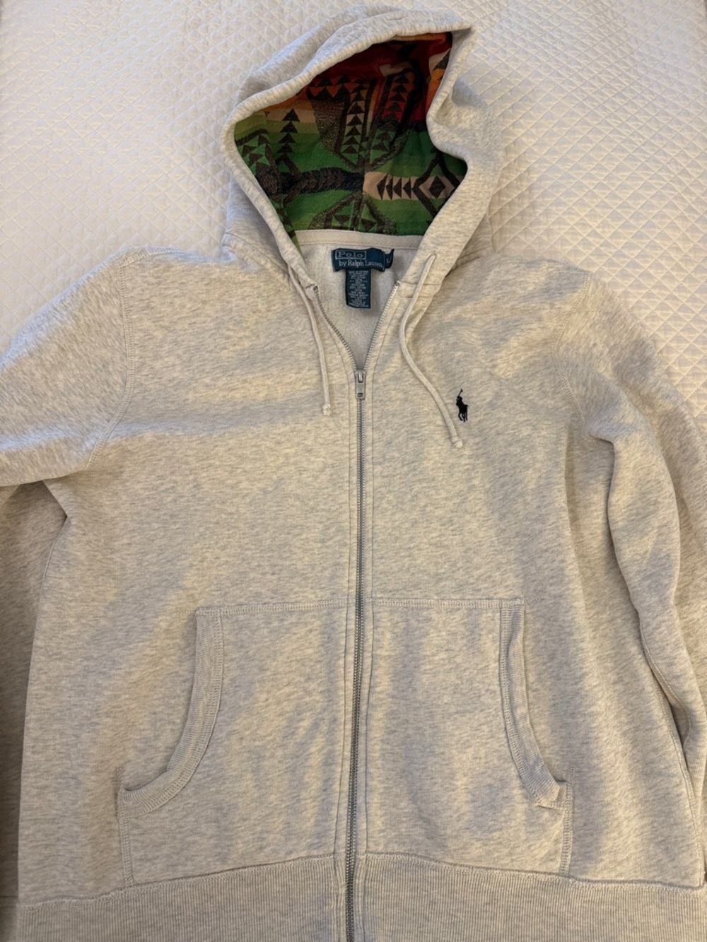 Polo Ralph Lauren Oatmeal Zip Hoodie with Aztec Patterned Hood Lining